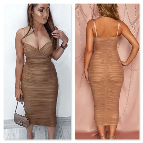 Mesh Ruched Tube V-Neck Dress - Picture 3 of 9